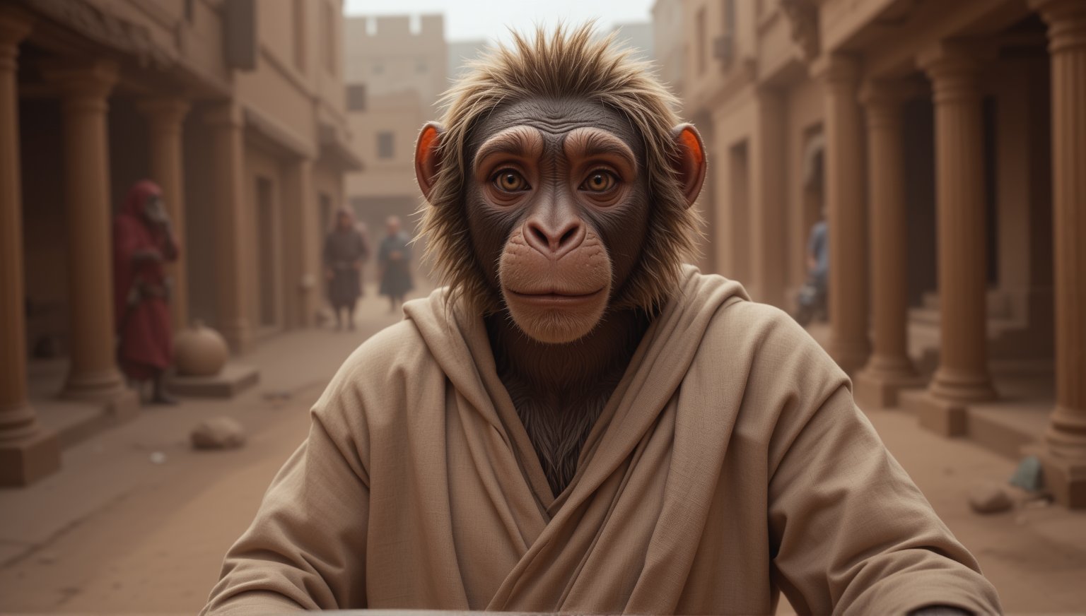 Epic full body photo insane details, 
A juvenile male monkey dressed in very simple style plain cloth tunic,  
happy, detailed eyes, photorealistic,  
Scene on the streets of ancient times.
anthro,furry