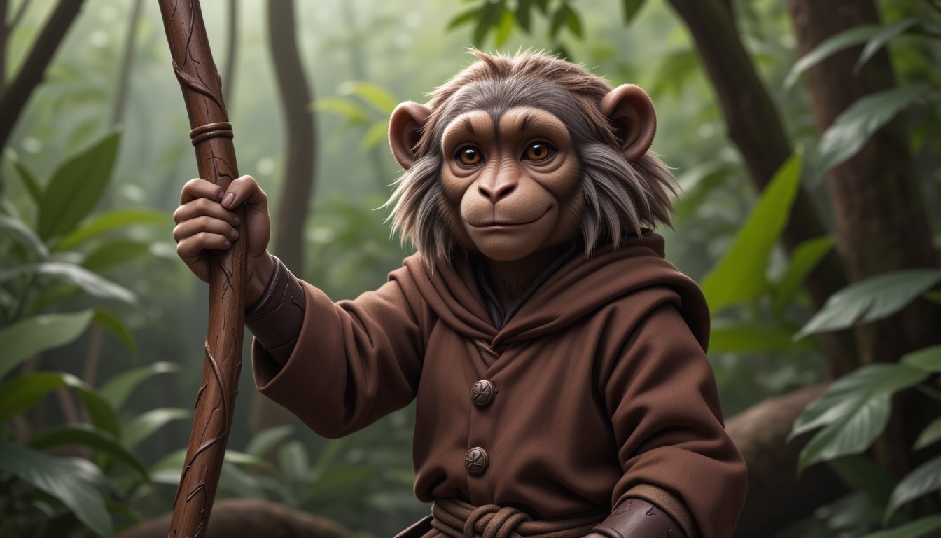 Epic full body photo insane details, 
A little thin light brown bonobo anthro, with brown eyes in a realistic furry style, with a handsome, happy smile, dressed in very simple style medieval tunic,
holds up a beautifully carved long stick in his right hand. 
His left hand is tucked out of sight in his pocket. 
In the background an out-of-focus jungle scene, detailed eyes, fantasy style, smirking, full_body
anthro,furry