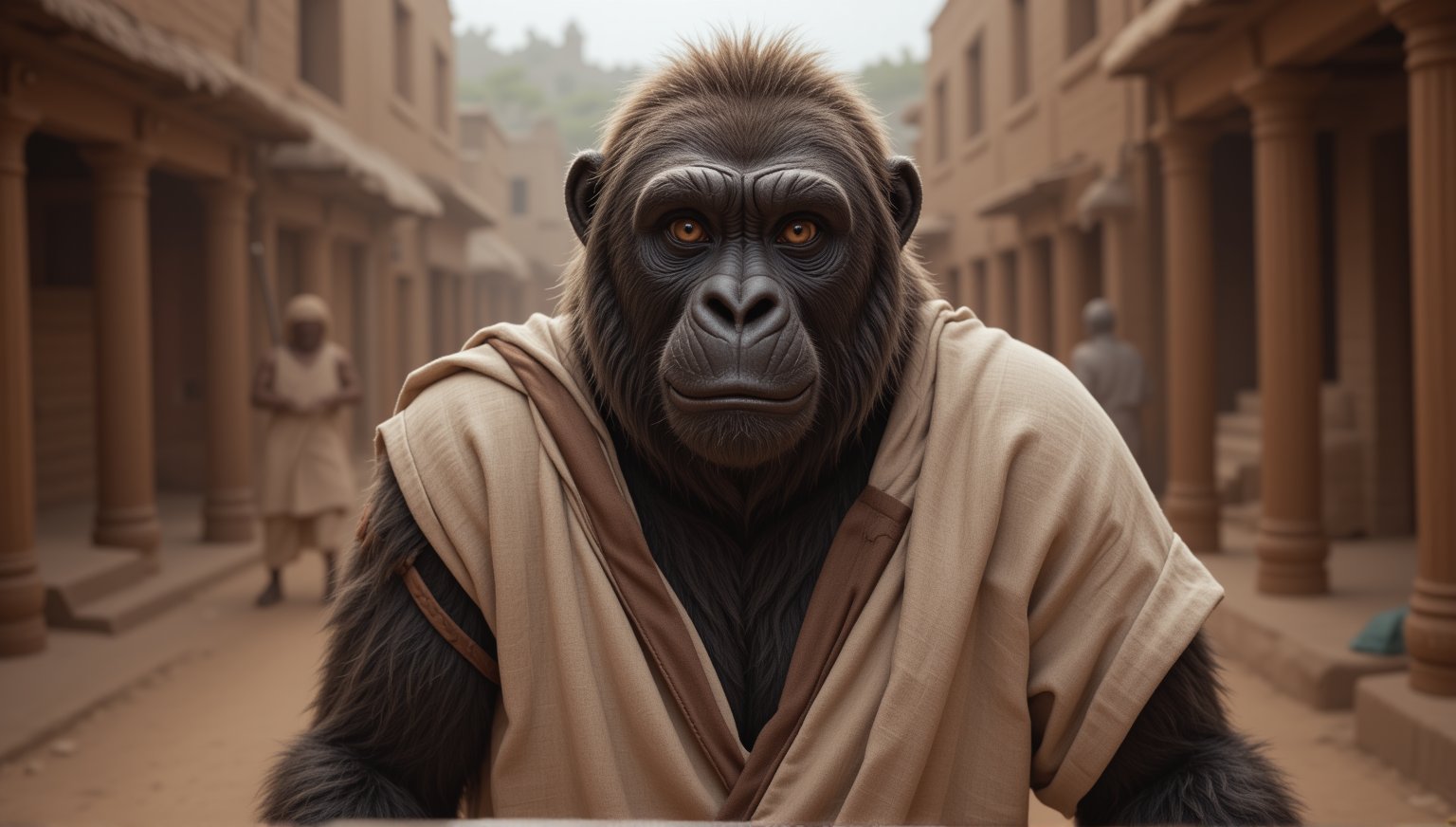 Epic full body photo insane details, 
A juvenile male gorilla dressed in very simple style plain cloth tunic,  
happy, detailed eyes, photorealistic,  
Scene on the streets of ancient times.
anthro,furry