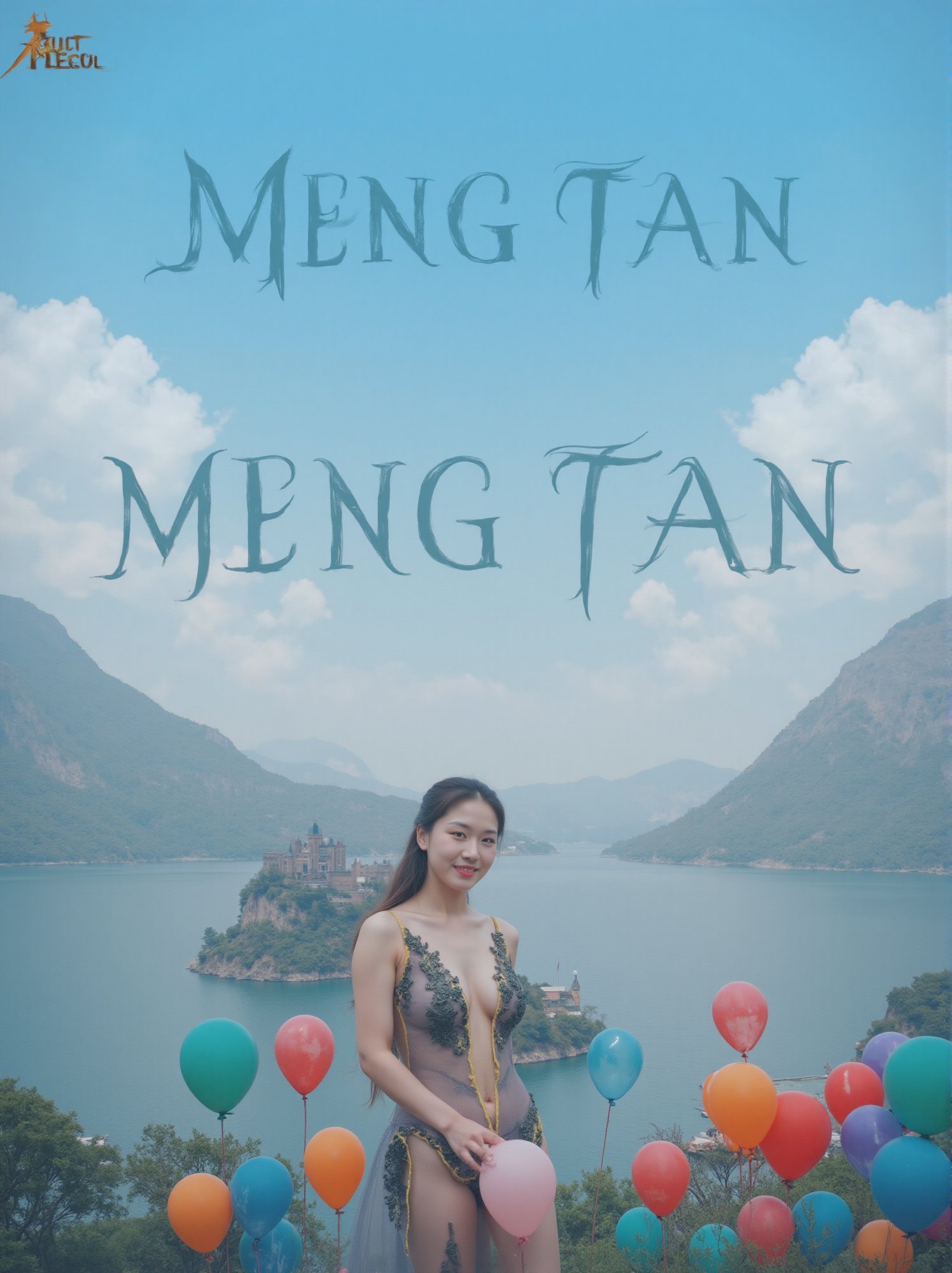 A beautiful Chinese woman stands by the lake, dressed in sexy clothing, revealing her upper body, and smiling at the audience, earth landscape, medieval castle, lake, mountains, clouds, clear sky, colorful balloons (balloons: 1.5) Blue and white tones, smiles, epic, Celestia, fantasy world, beautiful world..,Above the image, there is an artistic font that reads' MENG TAN '