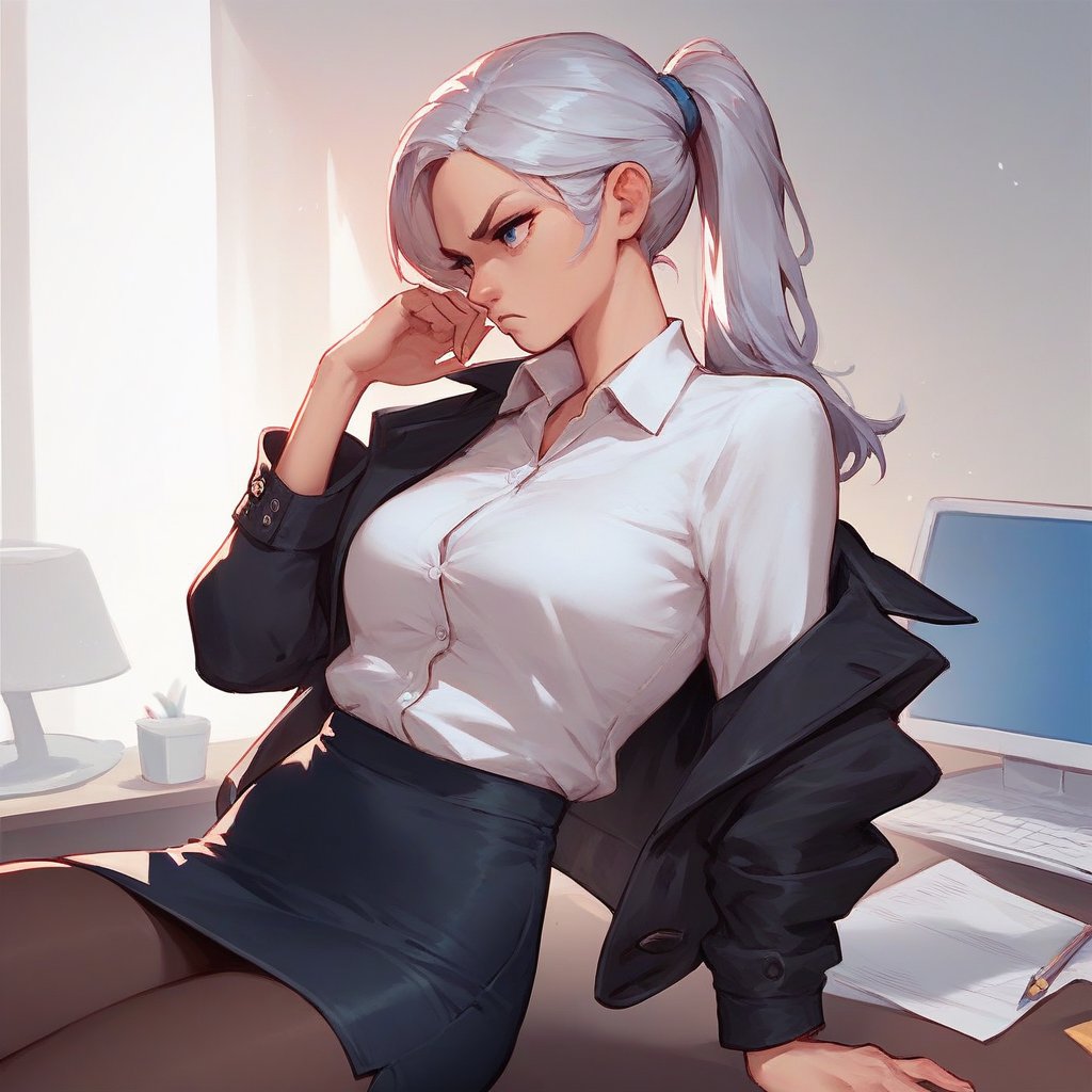 score_9_up, score_9, score_8_up, 1_girl, silver_hair, ponytail, office_lady, black_jacket, white_shirt, open_shirt, black_skirt, medium_skirt, pencil_skirt, black_pantyhose, pumps, side_glance, stern, light_blue_eyes