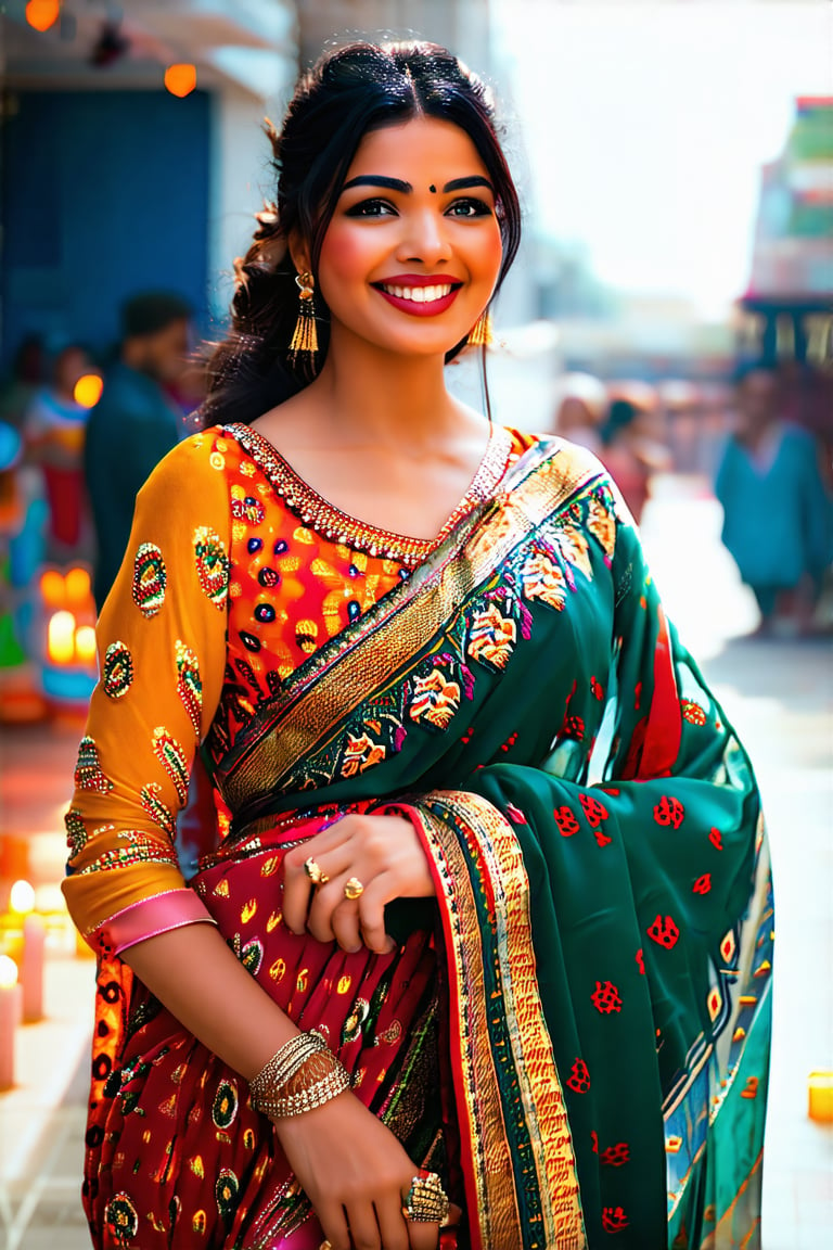 The photograph taken from an eye-level perspective with precision, ultra high definition, ultra detail and clarity from a fujifilm camera. PriyankaChopra's radiant smile and beaming eyes illuminate the frame as she stands proudly, her hands adorned with traditional jewelry. Lighting bathes her full-figured body in a wide-angle shot. Her vibrant outfit, a fusion of modern and cultural styles, sparkles against the city background. (Diwali:1) festive atmosphere is palpable as Priyanka celebrates the Hindu (Festival of Lights). Surrounded by candles 