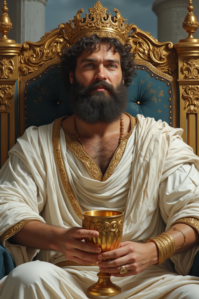 A masterpiece , hyperrealistic frontal view artwork of full body shot zoomed out of a  handsome man, 30 years old, attractive in a white tunic holding a golden cup, ring,  dark curles hair with a iron crown, noble blue soft eyes, full red juicy lips, sitting relaxed on a throne. Noble beaded face with dark thickbeard, smiling thoughtful expression. Set in a splendid sky castle