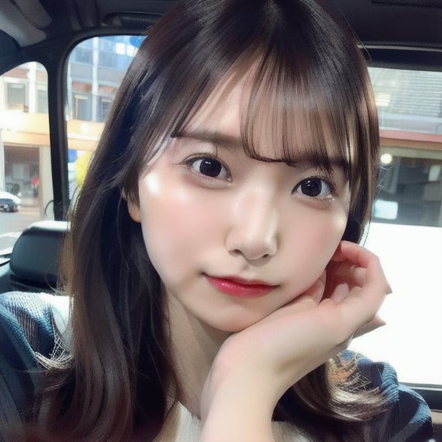 (masterpiece, best quality:1.1), beautiful 22-year-old Japanese influencer with long dark brown hair, sitting in the passenger seat of a car during a nighttime drive, wearing a casual yet stylish outfit, looking out the window with a relaxed expression, city lights reflecting in the window, soft lighting from the car dashboard, detailed facial features, smooth and realistic skin texture, slight motion in her hair from the breeze, peaceful and cinematic atmosphere, dark cityscape in the background, vibrant but soft lighting