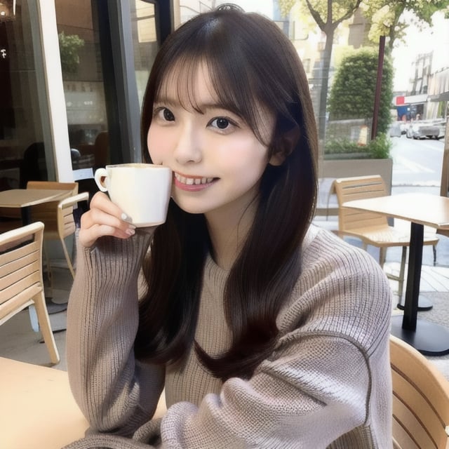 (masterpiece, best quality:1.1), beautiful 22-year-old Japanese influencer, long dark brown hair, wearing casual jeans and a sweater, sitting at an outdoor café table, holding a cup of coffee with a relaxed expression, sunlight reflecting off the table, cozy atmosphere, detailed skin and hair, natural lighting, soft shadows, full body shot