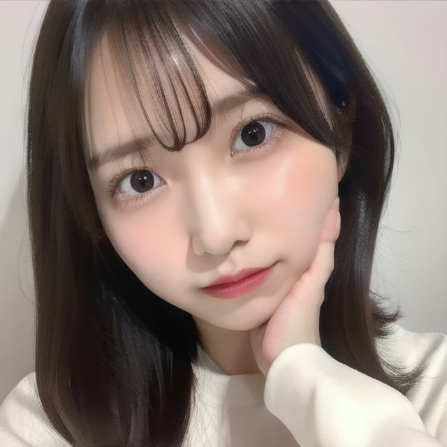 (masterpiece, best quality:1.1), close-up shot of a beautiful 22-year-old Japanese influencer with long dark brown hair, smooth and realistic skin texture, large expressive eyes, soft and cute smile, slightly blushing cheeks, detailed facial features, natural lighting, soft shadows, vibrant but realistic colors, minimal background, cute and friendly expression, anime-inspired aesthetic, focused on the face