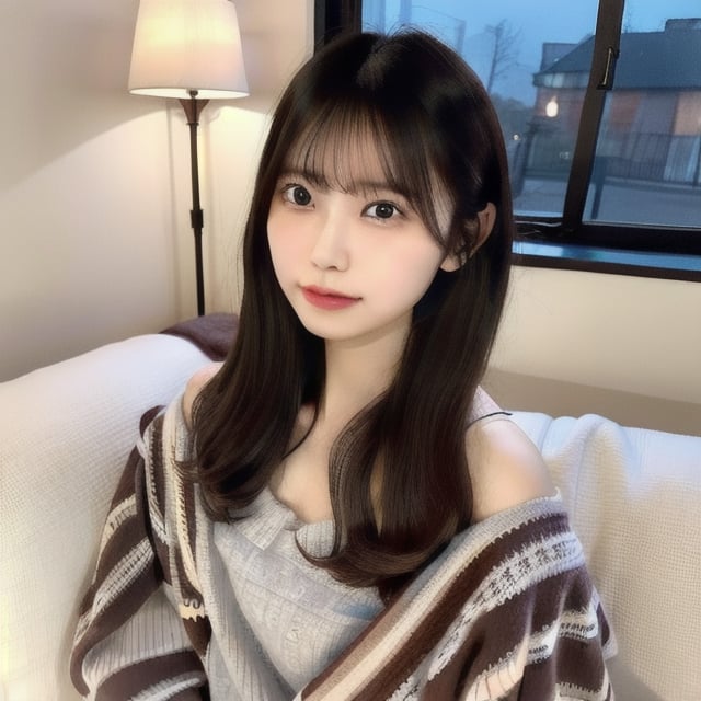 (masterpiece, best quality:1.1), beautiful 22-year-old Japanese influencer with long dark brown hair, wearing an oversized cozy sweater, sitting comfortably on a soft sofa in her bedroom at night, dim warm lighting from a nearby lamp, legs tucked up, holding a cup of tea, relaxed and content expression, moonlight softly shining through the window, night sky visible outside, soft shadows, detailed facial features, smooth and realistic skin texture, cozy and peaceful atmosphere, minimal background with books and a blanket on the sofa, dark and calming ambiance