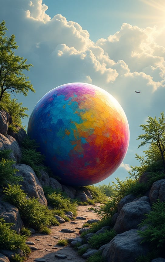 Rolling tumble of vibrant hues on rugged terrain: a kaleidoscopic orb tumbles down the rocky slope,  leaves and ferns scat...