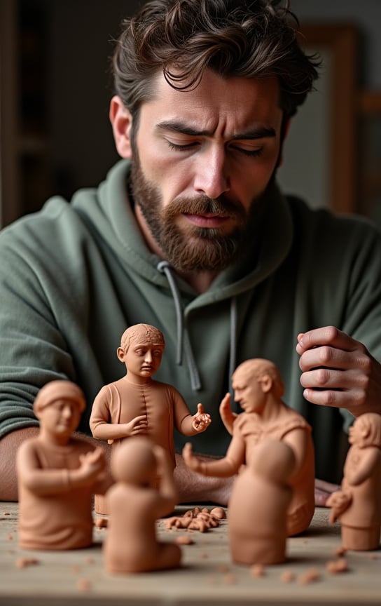 a man breaking several figures of clay he has made by himself in frustati0on & tears also rolled down from his eys by user...