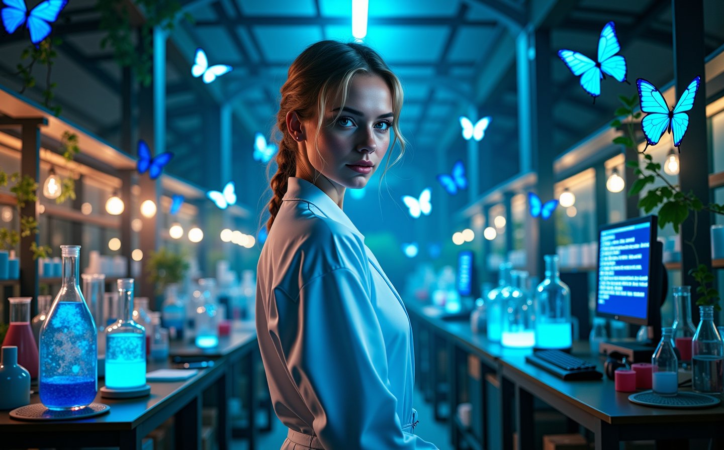 Beautiful skinny Russian viking girl 22 years old, looking at the camera, Magic Tight Lab Clothes, butterfly factory, laboratory flasks, transparent tubes with glowing liquid, butterflies flying, beautiful flowers, vines, high ceilings, neon lights, blue flags, tables with computers, monitors with code