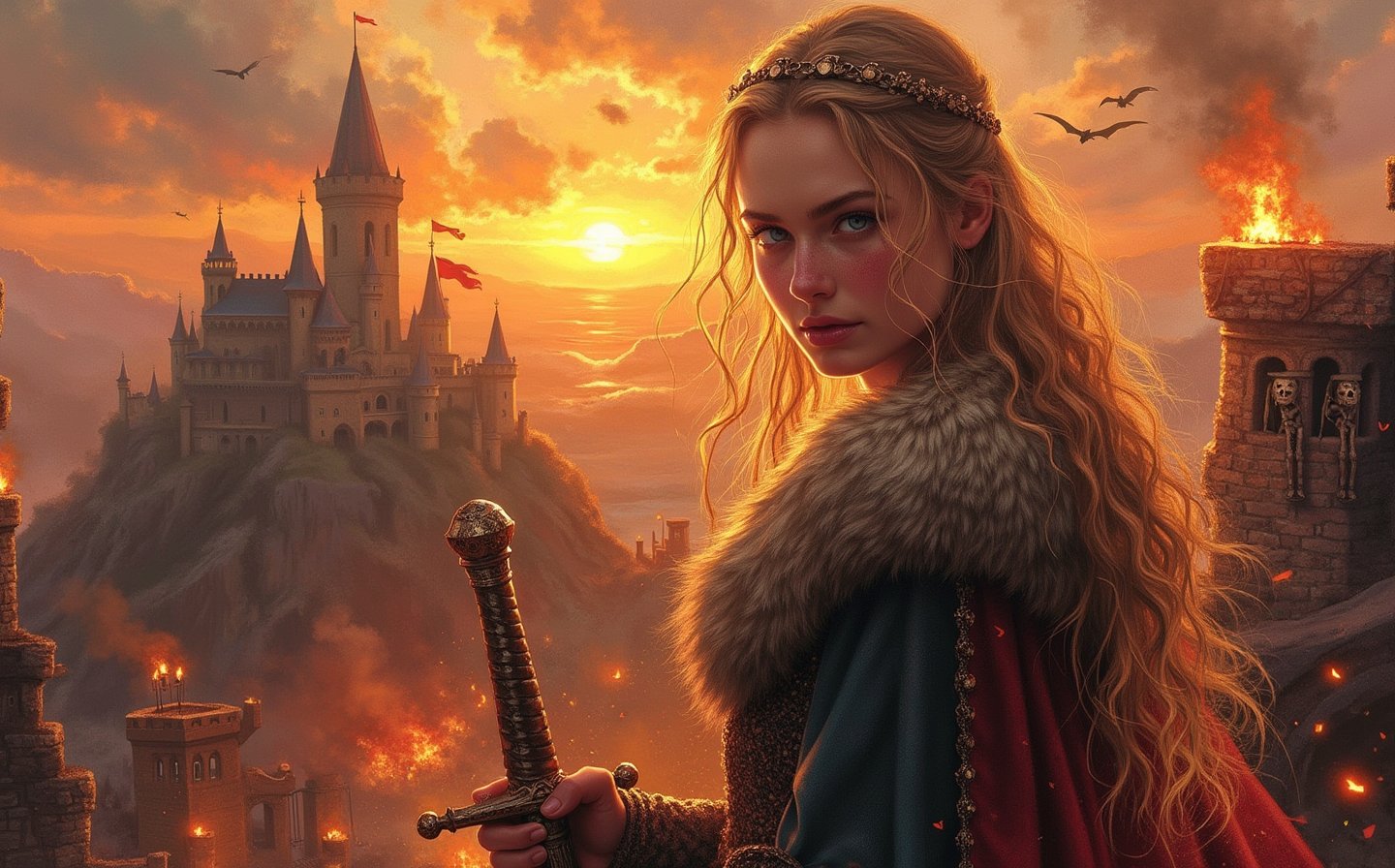 Beautiful skinny Russian viking girl 22 years old, looking at the camera, dressed in medieval clothes, fur collar, sword in hand, castle on top of mountain, sunset, clouds in sky, sun setting, fires of burning city visible below, dragon flying in sky, sparks all around, flags hanging on the walls, old windows, gates, skeletons hanging in bars, torches burning, fires burning