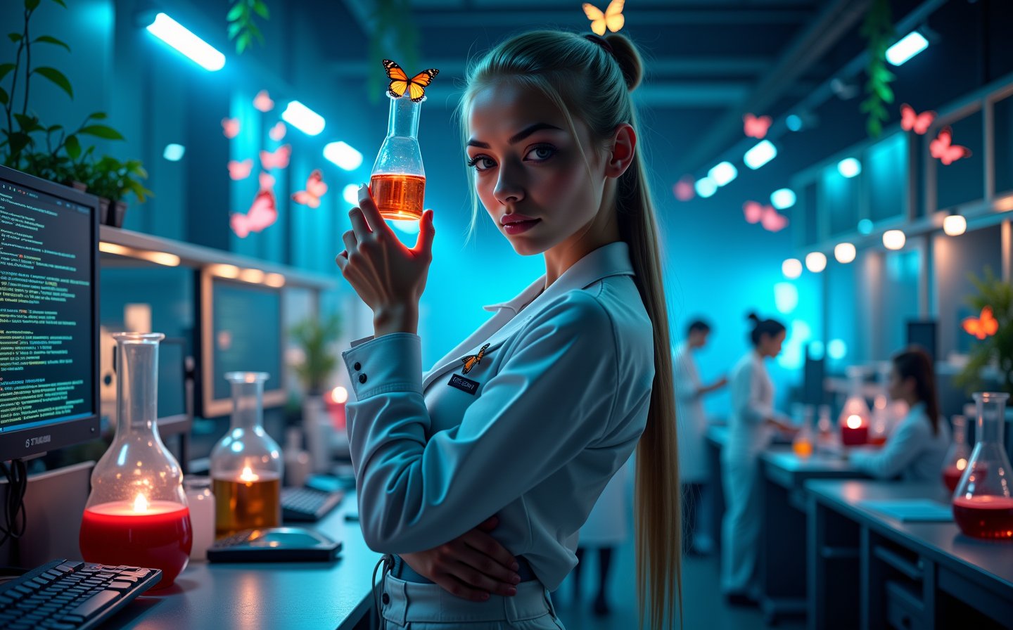 Beautiful skinny Russian viking girl 22 years old, looking at the camera, Magic Tight Lab Clothes, butterfly factory, laboratory flasks, transparent tubes with glowing liquid, butterflies flying, beautiful flowers, vines, high ceilings, neon lights, blue flags, tables with computers, monitors with code