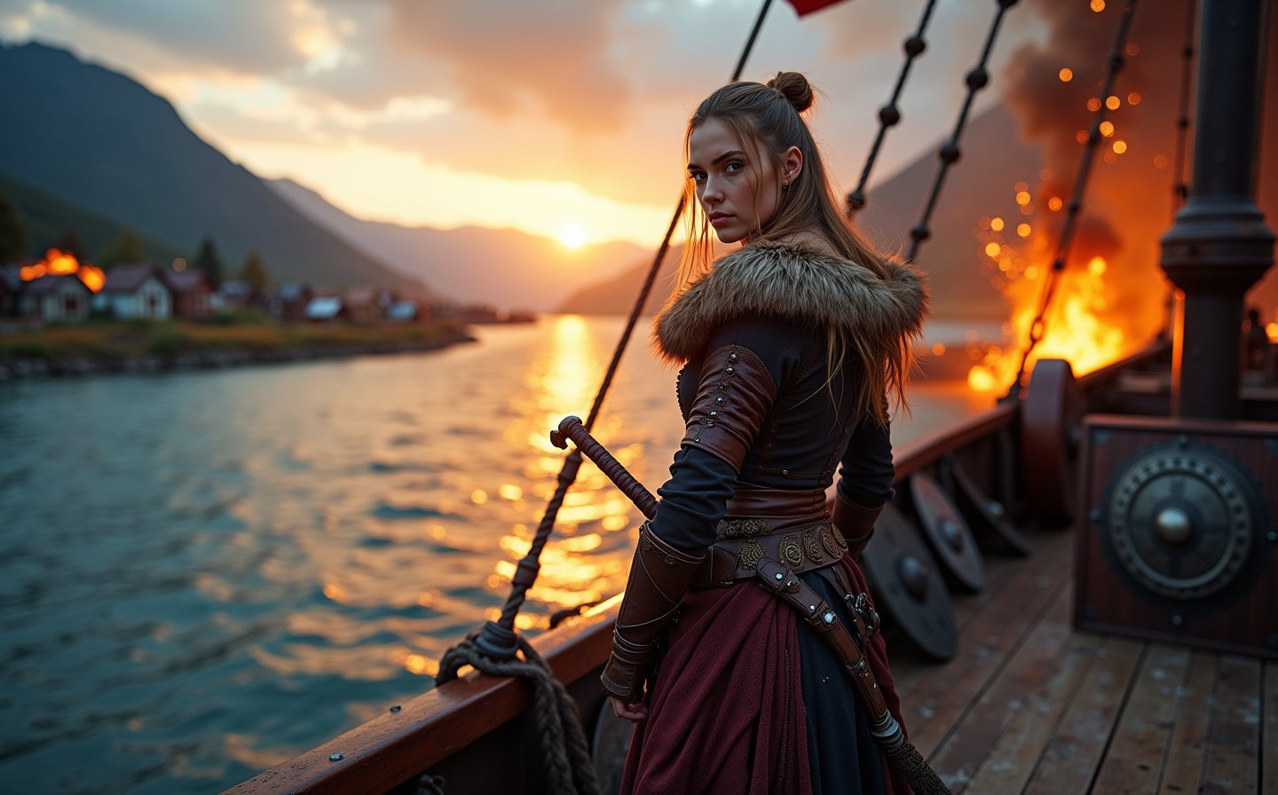 Beautiful skinny Russian viking girl 22 years old, looking at the camera, wear warm viking clothes with a fur collar, behind back is a sword in a sheath, in hands is a battle axe, standing on the deck of a drakkar, sails fluttering, a river, mountains on one side, a burning village on the other, sparks flying, sunset, the sun is setting, clouds in the sky, a storm is beginning, shields on the sides of a drakkar