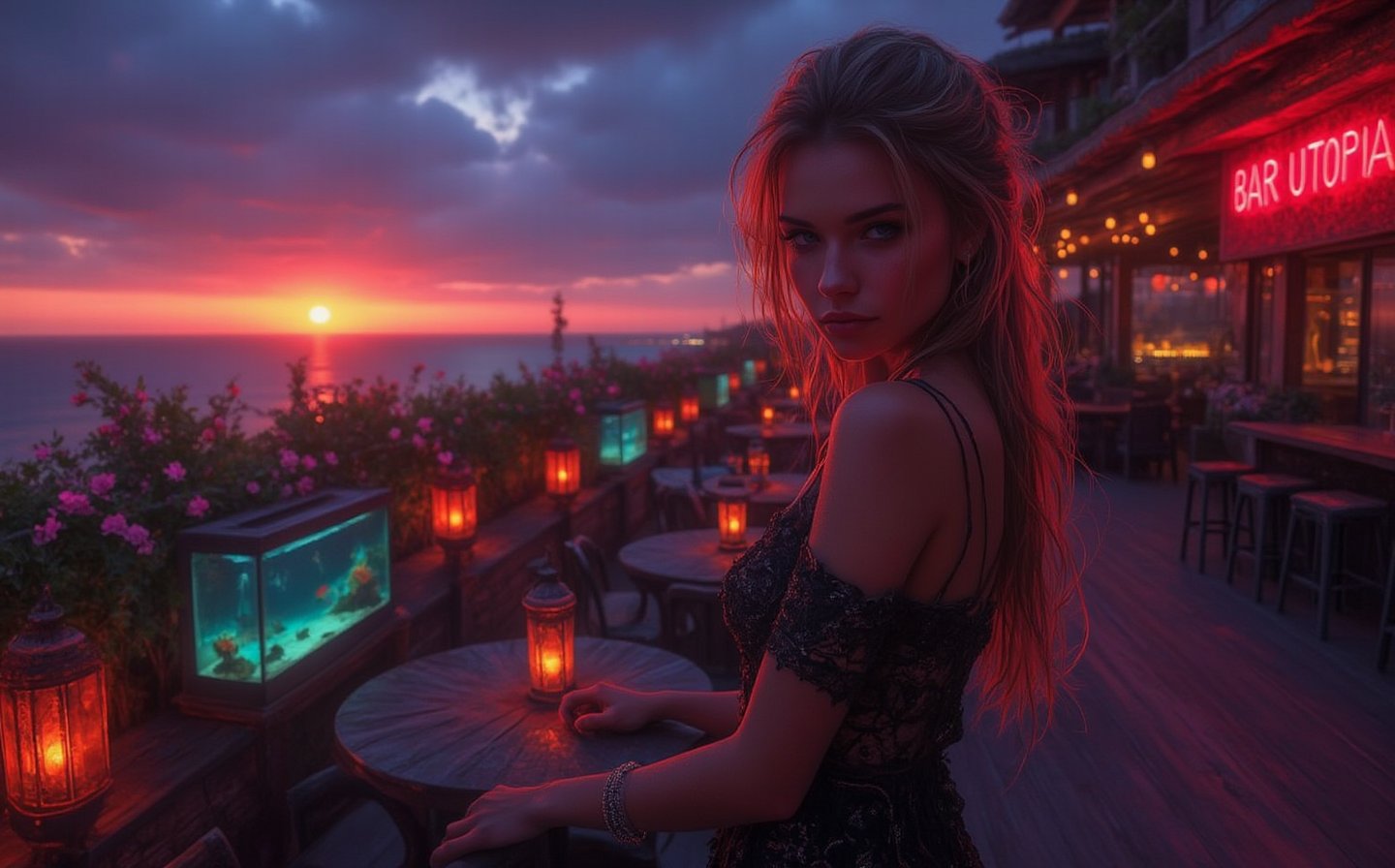 Beautiful skinny Russian viking girl 22 years old, looking at the camera, evening dress, evening, terrace of a beautiful hotel, tables, chairs, beautiful lamps, flower beds with flowers and grass, aquariums with fish, bar, neon sign BAR UTOPIA, soft chairs, the sun is setting, clouds, a thunderstorm is beginning