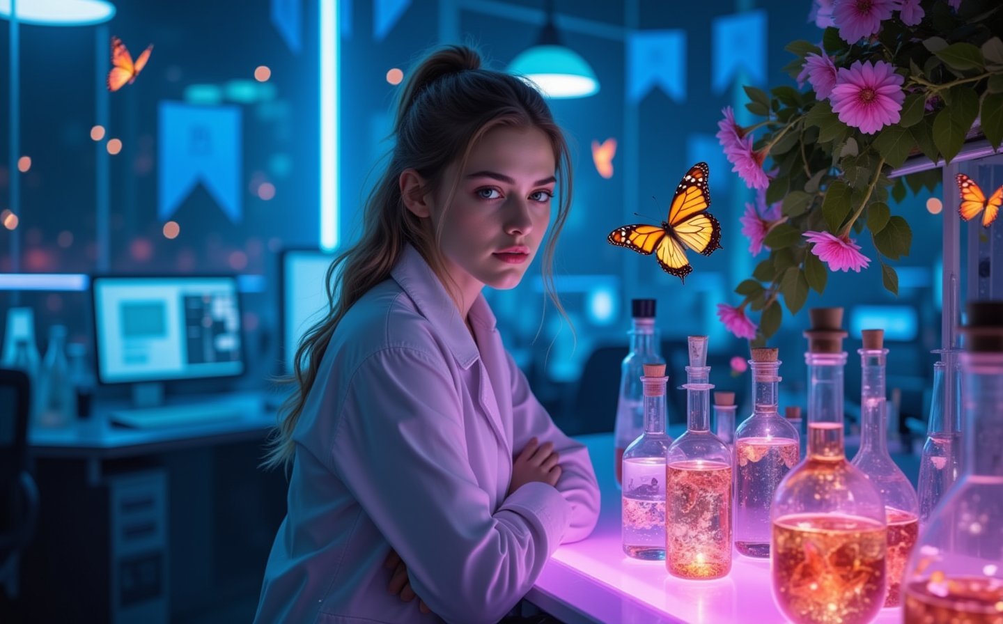 Beautiful skinny Russian viking girl 22 years old, looking at the camera, Magic Tight Lab Clothes, butterfly factory, laboratory flasks, transparent tubes with glowing liquid, butterflies flying, beautiful flowers, vines, high ceilings, neon lights, blue flags, tables with computers, monitors with code