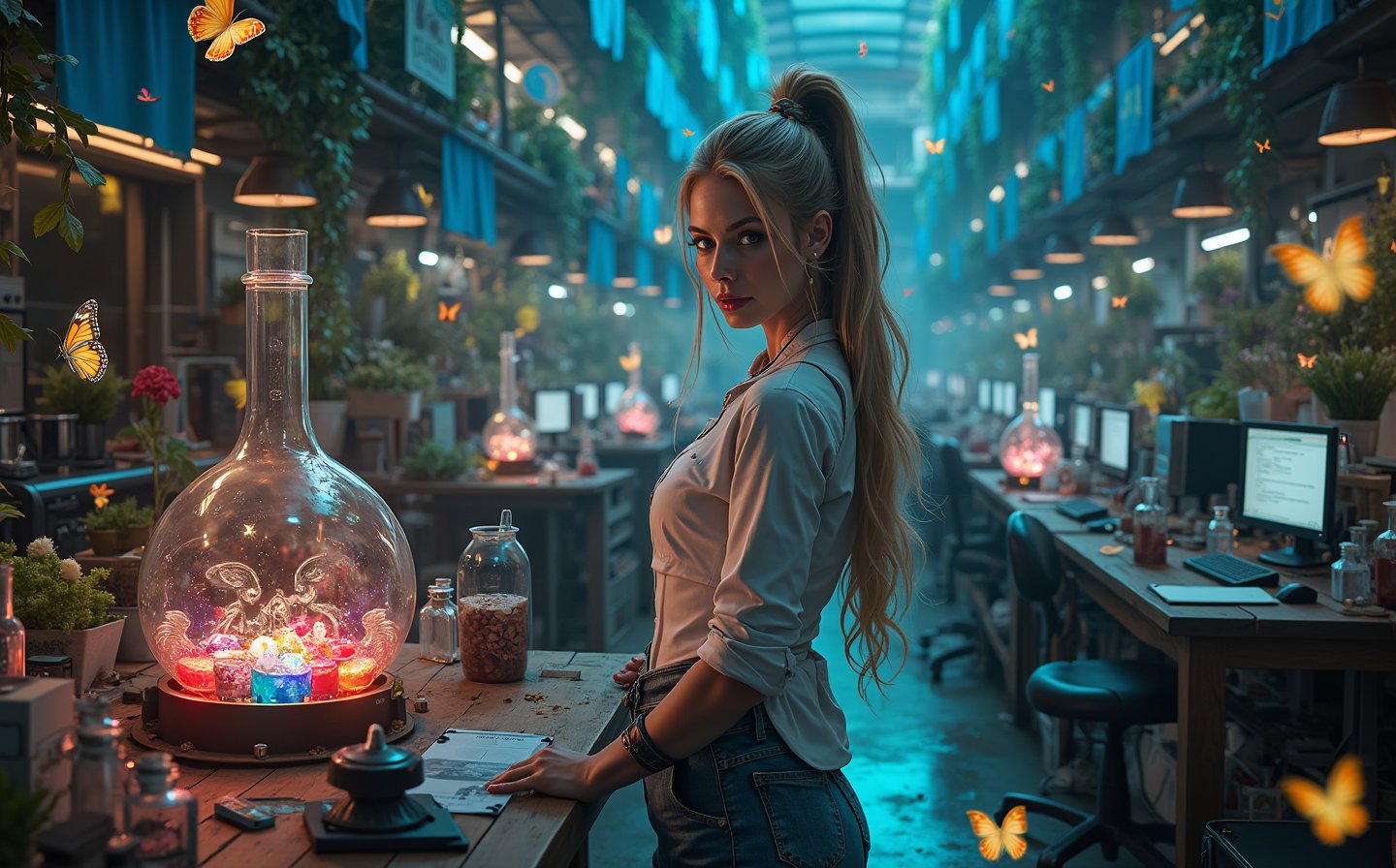 Beautiful skinny Russian viking girl 22 years old, looking at the camera, Magic Tight Lab Clothes, butterfly factory, laboratory flasks, transparent tubes with glowing liquid, butterflies flying, beautiful flowers, vines, high ceilings, neon lights, blue flags, tables with computers, monitors with code