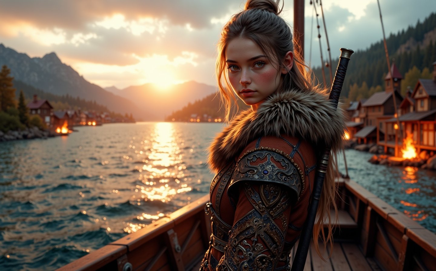 Beautiful skinny Russian viking girl 22 years old, looking at the camera, wear warm viking clothes with a fur collar, behind back is a sword in a sheath, in hands is a battle axe, standing on the deck of a drakkar, sails fluttering, a river, mountains on one side, a burning village on the other, sparks flying, sunset, the sun is setting, clouds in the sky, a storm is beginning, shields on the sides of a drakkar