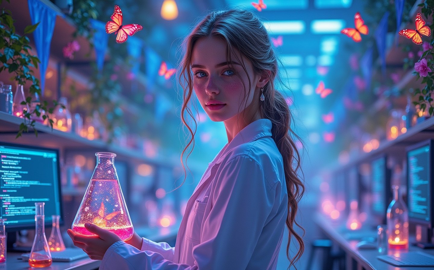 Beautiful skinny Russian viking girl 22 years old, looking at the camera, Magic Tight Lab Clothes, butterfly factory, laboratory flasks, transparent tubes with glowing liquid, butterflies flying, beautiful flowers, vines, high ceilings, neon lights, blue flags, tables with computers, monitors with code