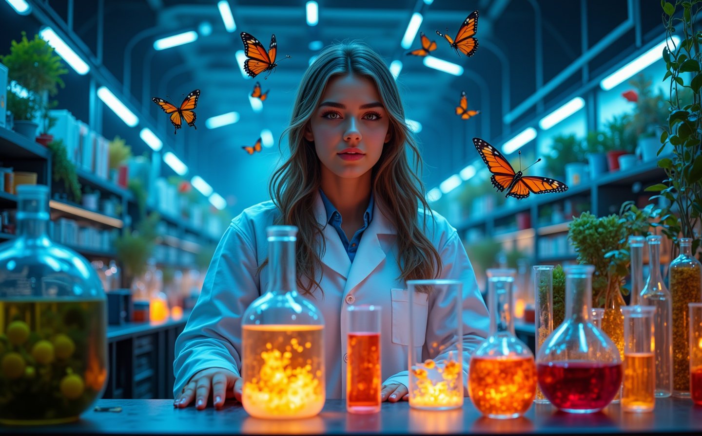 Beautiful skinny Russian viking girl 22 years old, looking at the camera, lab clothes, butterfly factory, laboratory flasks, transparent tubes with glowing liquid, butterflies flying, beautiful flowers, vines, high ceilings, neon lights, blue flags, tables with computers, monitors with code