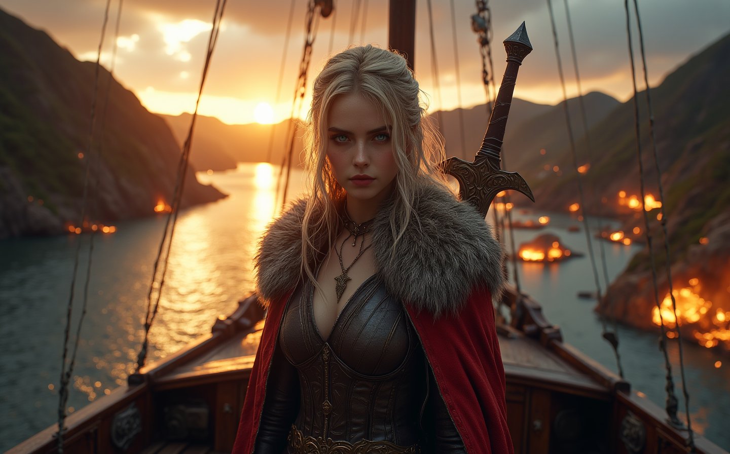 Beautiful skinny Russian viking girl 22 years old, looking at the camera, wear warm viking clothes with a sable collar, behind his back is a sword in a sheath, in his hands is a battle axe, standing on the deck of a drakkar, sails fluttering, a river, mountains on one side, a burning village on the other, sparks flying, sunset, the sun is setting, clouds in the sky, a storm is beginning, shields on the sides of a drakkar