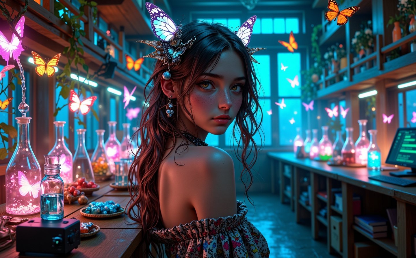 Beautiful skinny Russian viking girl 22 years old, looking at the camera, butterfly factory, laboratory flasks, transparent tubes with glowing liquid, butterflies flying, beautiful flowers, vines, high ceilings, neon lights, blue flags, tables with computers, monitors with code