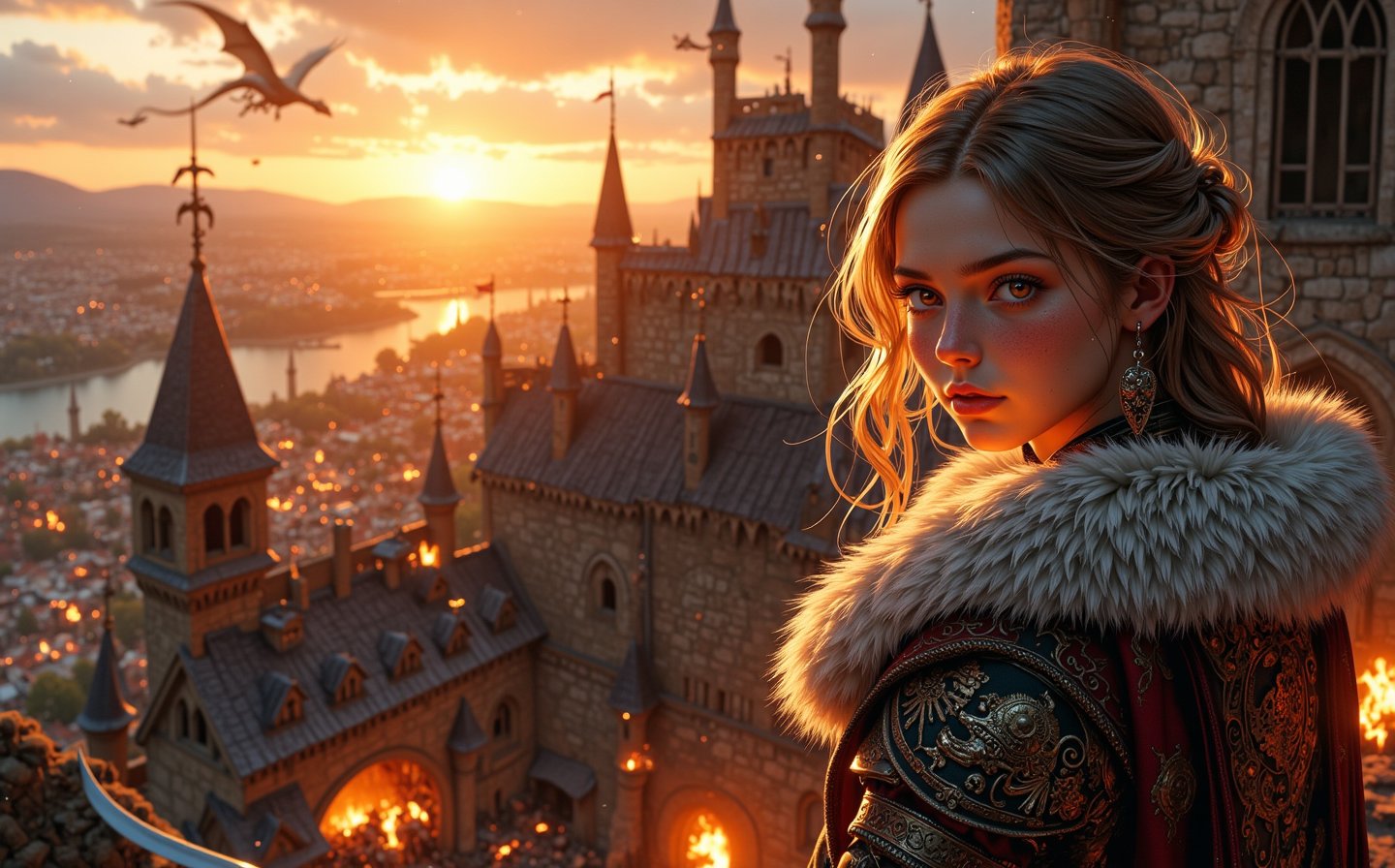 Beautiful skinny Russian viking girl 22 years old, looking at the camera, dressed in medieval clothes, fur collar, sword in hand, castle on top of mountain, sunset, clouds in sky, sun setting, fires of burning city visible below, dragon flying in sky, sparks all around, flags with inscriptions on walls, old windows, gates, skeletons hanging in bars, torches burning, fires burning