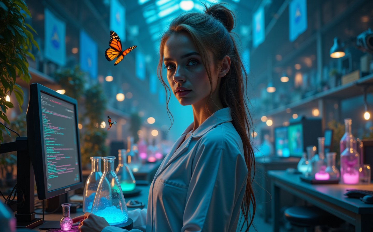 Beautiful skinny Russian viking girl 22 years old, looking at the camera, Magic Tight Lab Clothes, butterfly factory, laboratory flasks, transparent tubes with glowing liquid, butterflies flying, beautiful flowers, vines, high ceilings, neon lights, blue flags, tables with computers, monitors with code