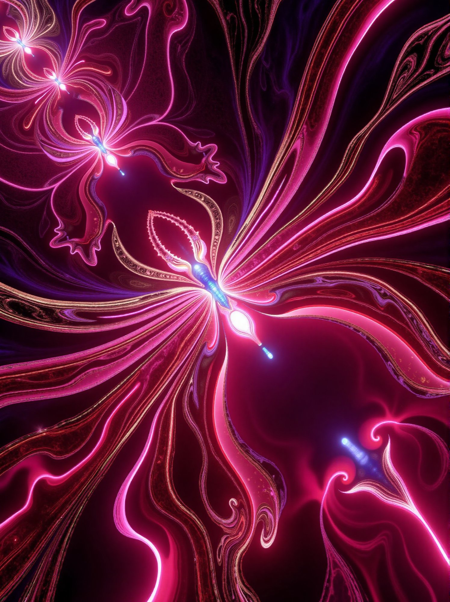 Surrealism fantasy white red pink crimson blue green neon lines in the form of huge strawberries and sculptures of flowers...
