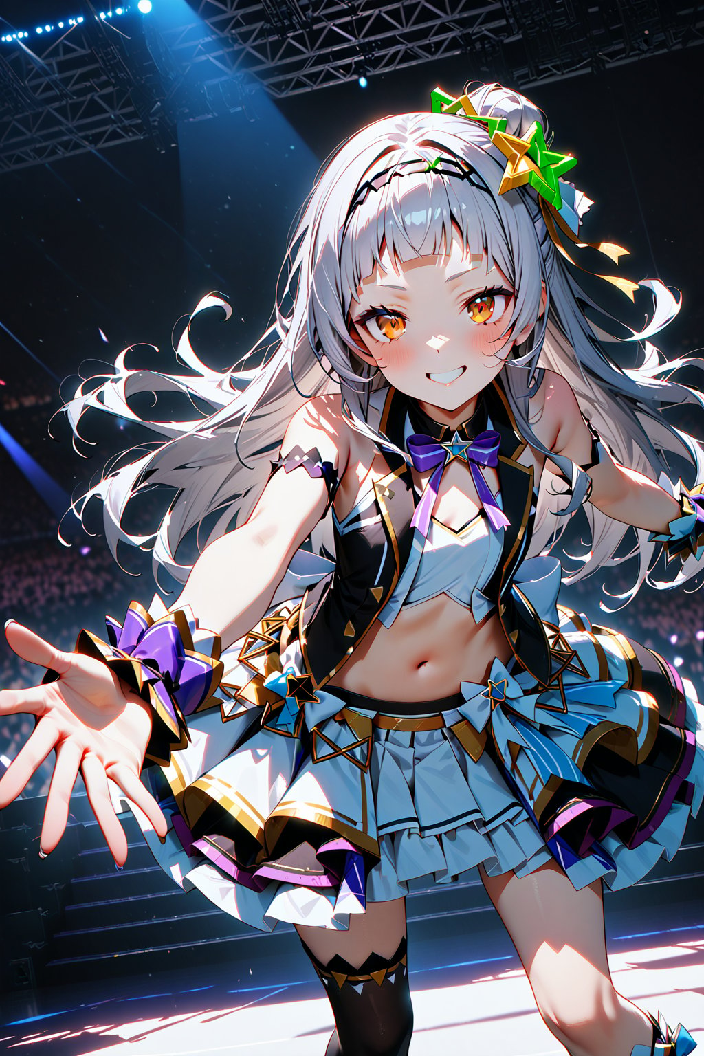 masterpiece, sharpness, high quality, perfect anatomy, highres, unity 8k wallpaper, ultra detailed eyes, super detailed skin, 4k, detailed beautiful eyes, 2.5D, detailed hands, murasaki shion, orange eyes, hololive, long hair, flat chest, bangs, hair ornament, grey hair, hairband, blunt bangs, hair bun, (single hair bun:1.4), hololive idol uniform, purple bowtie, sleeveless shirt, sleeveless, wrist cuffs, white gloves, navel, white bow, layered skirt, white skirt, stomach, black thighhighs, smile, indoor, idol stage, outstretched arms, outstretched hand, standing, (bent over:1.2),