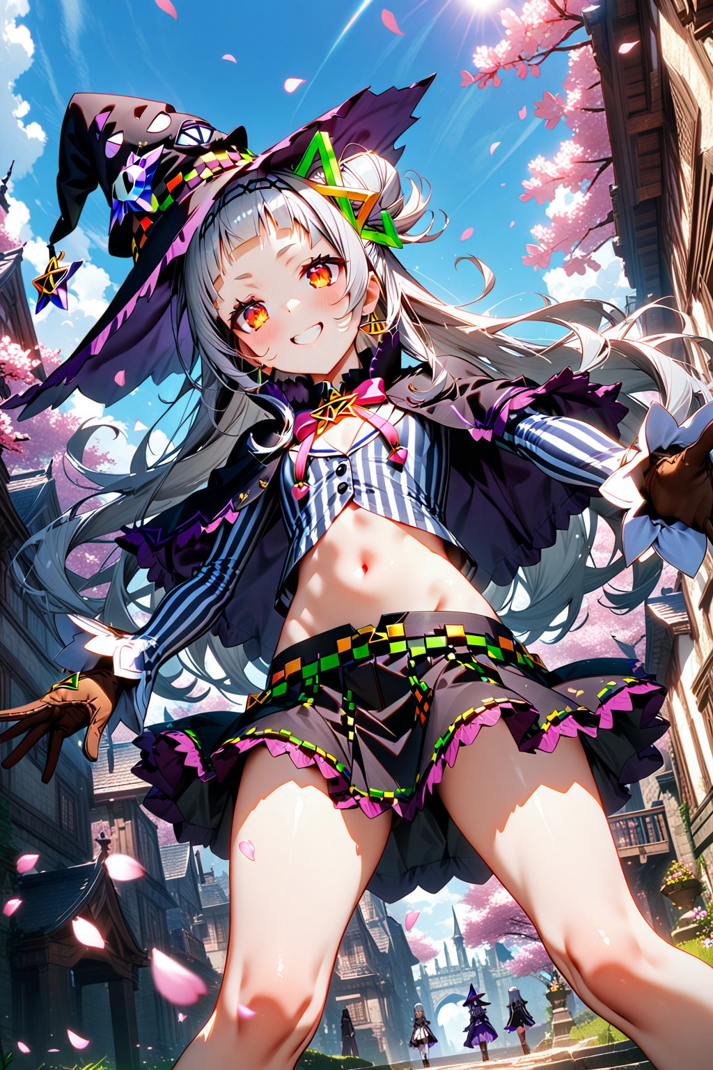 masterpiece, sharpness, high quality, perfect anatomy, highres, unity 8k wallpaper, ultra detailed eyes, super detailed skin, 4k, detailed beautiful eyes, 2.5D, detailed hands, murasaki shion, orange eyes, 1st costume, hololive, long hair, flat chest, bangs, skirt, shirt, hair ornament, gloves, long sleeves, hat, navel, grey hair, hairband, black gloves, miniskirt, blunt bangs, black skirt, stomach, hair bun, crop top, black headwear, witch hat, single hair bun, grey shirt, brown gloves, striped shirt, single side bun, black capelet, striped shirt, smile, outdoors, architecture, cherry blossoms, petals, blue sky, sun,