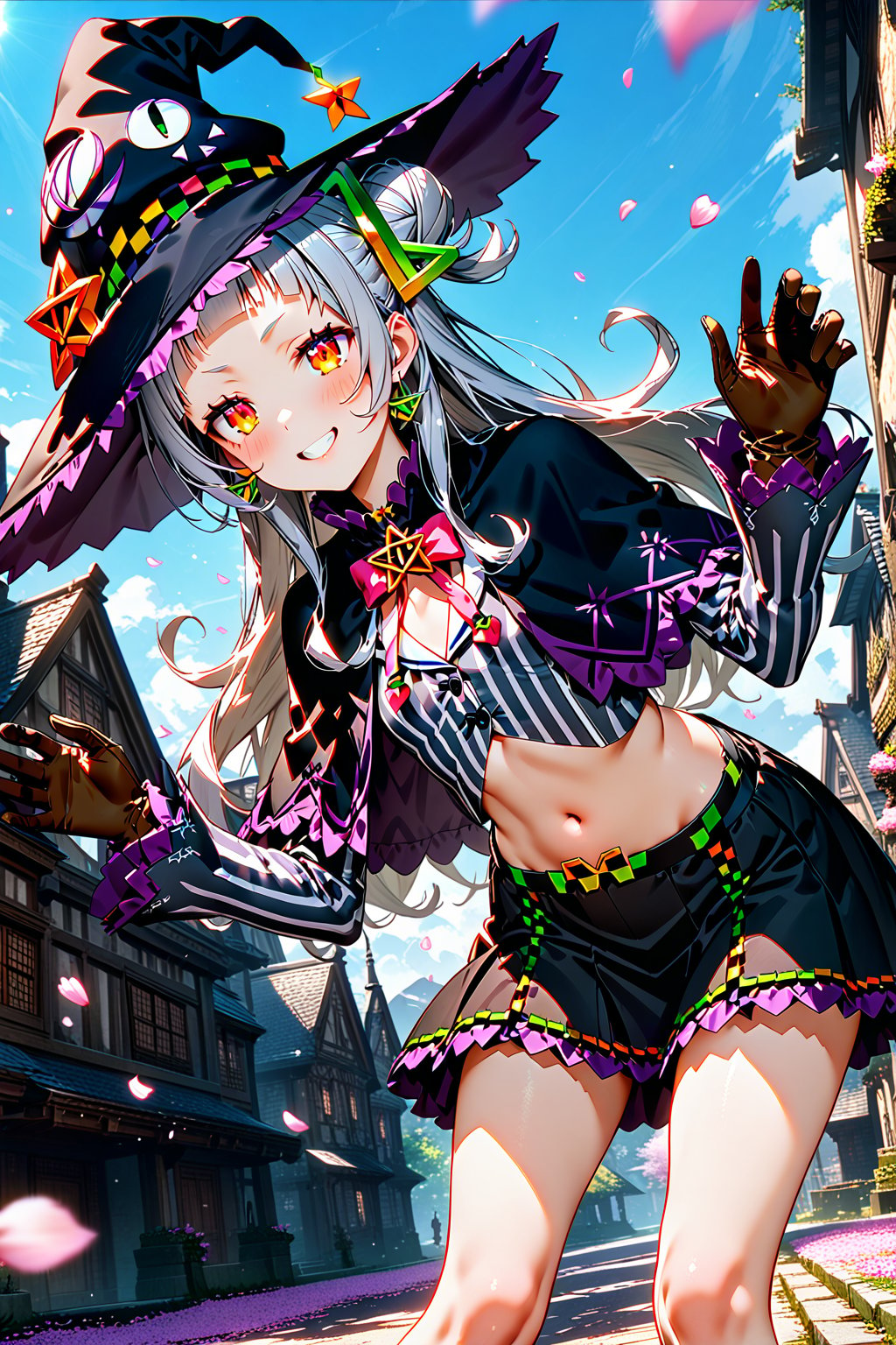 masterpiece, sharpness, high quality, perfect anatomy, highres, unity 8k wallpaper, ultra detailed eyes, super detailed skin, 4k, detailed beautiful eyes, 2.5D, detailed hands, murasaki shion, orange eyes, 1st costume, hololive, long hair, flat chest, bangs, skirt, shirt, hair ornament, gloves, long sleeves, hat, navel, grey hair, hairband, black gloves, miniskirt, blunt bangs, black skirt, stomach, hair bun, crop top, black headwear, witch hat, single hair bun, grey shirt, brown gloves, striped shirt, single side bun, black capelet, striped shirt, smile, outdoors, architecture, cherry blossoms, petals, blue sky, sun, standing, bent over,