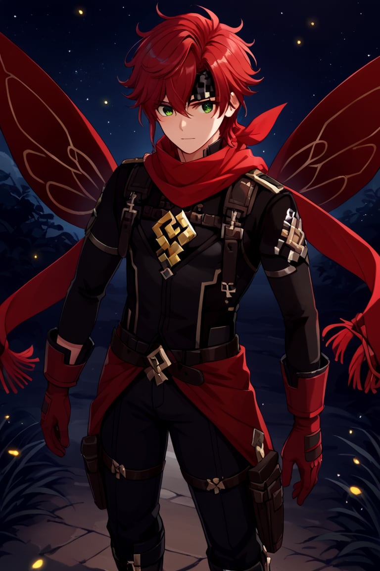 A swordsman of a man with light skin and striking green eyes. His short, messy red hair gives him a tough and adventurous look. He wears a long, flowing red scarf, a light gray vest, and a sleeveless black suit adorned with silver trim. His arms are covered by long black sleeves, ribbons with silver buckles on the edges, and he wears black pants with subtle details. A belt with a silver buckle wraps around his waist, with a red cloth tied over the suit in the form of an unbuckled belt. Large red gloves with gold edges, no fingertips, and sturdy black combat boots complete his ensemble. The scene takes place under a starry night, with soft fireflies illuminating the environment, creating a mystical and serene atmosphere.