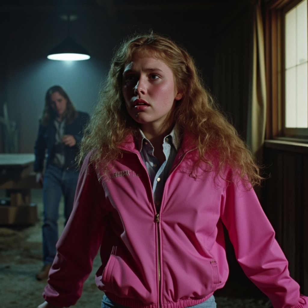  Cinematic,, harsh direct lighting, full body shot, girl wearing an 80s fashion outfit, long brown messy hair, pink sports jacket, she looks distressed and worried,  she's holding an axe. ultra detailed textures, 80s photography, Ultracam 35mm, (grainy film:1), in camp crystal where jason voorhees lurks around, 