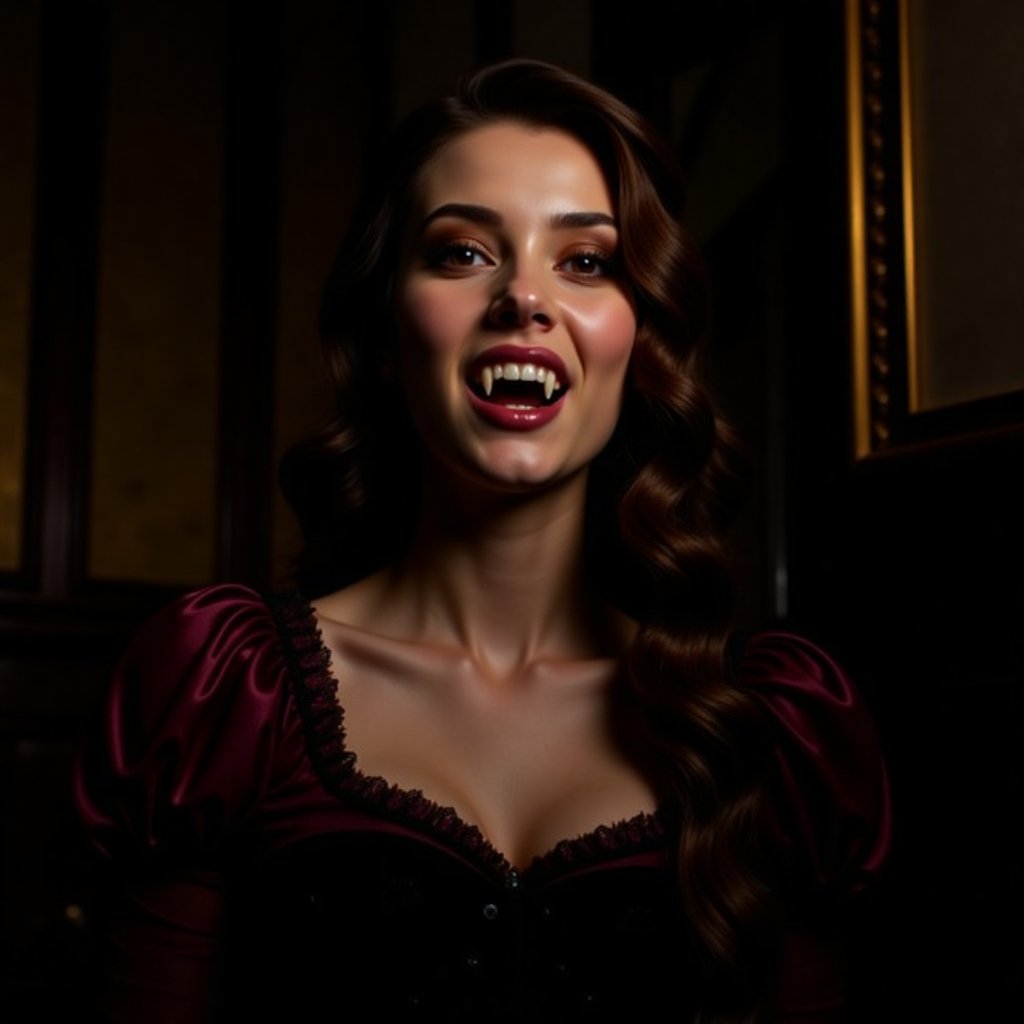 cinematic, dramatic lighting, in a New Orleans mansion, wearing a 1800s dress, a beautiful vampire girl with her small vampire teeth our, small vampire fangs,vampire-collection,vampcol,vampz