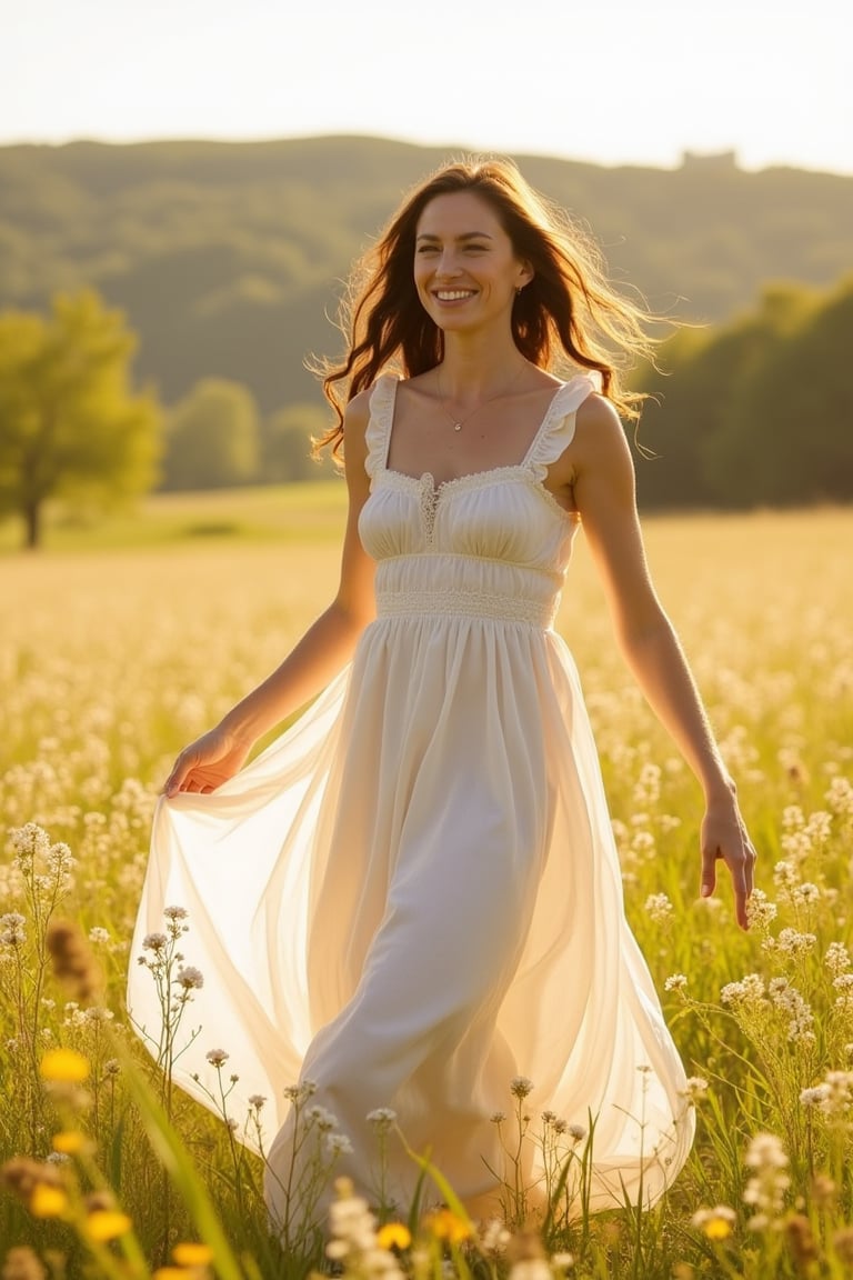 Claudia, dressed in a flowing summer dress, front-facing, dancing gracefully in a sunlit meadow. The wide-angle shot captures her full figure, with the dress billowing in the breeze. Soft, warm lighting highlights her joyful expression and the movement of her dance. The composition centers on Claudia, with the meadow and wildflowers providing a vibrant backdrop.