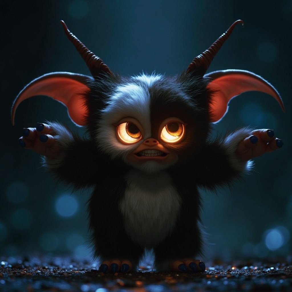 In the velvety darkness of night, a glowing gaze pierces through the shadows as the fluffiest of gizmos stands defiantly, its vampiric features twisted in rage. The front-facing view captures every detail of its luxuriant coat, an ultra-realistic tapestry of softness and menace. Cinematic lighting casts an otherworldly glow on this furry fiend's snarling visage.