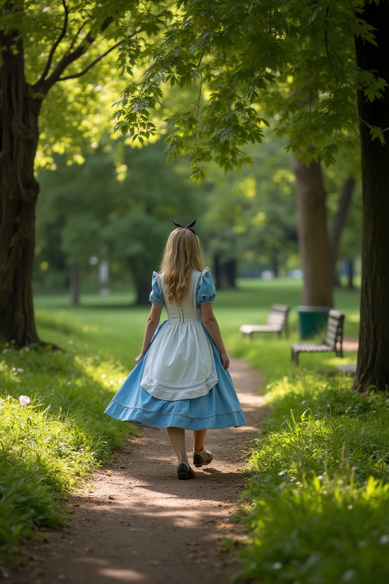 A serene park scene with Alice walking along a winding path, dappled sunlight filtering through the trees, casting soft shadows on the ground. Alice is dressed in a whimsical Victorian-era outfit, her expression contemplative. The composition is framed to capture the lush greenery and distant park benches, with Alice in the foreground, mid-stride, as she gazes ahead.