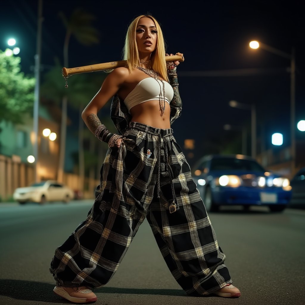 Cinematic, side view, from bottom to top view, dramatic lighting, shot with a 35mm, ultra detailed, ultra realistic colors, short mexican woman with blond dyed hair. in the streets at night, posing with an attitude, wielding a bat ready for a fight, wearing loose sports pants, very loose black and white plaid shirt, expensive jewelry, sneakers, tattooes, very long necklace,  cholas style,In the style of cholas, 8k, soft lighting