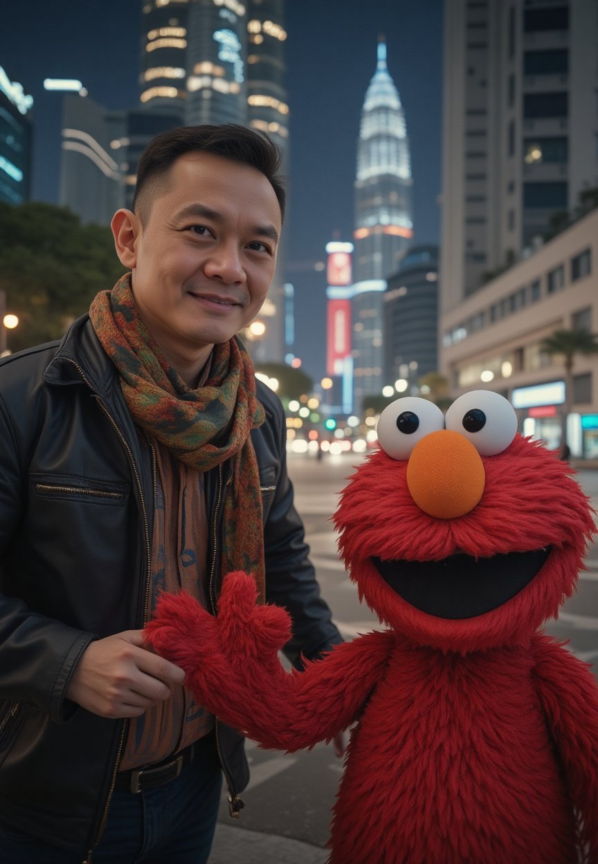 a hyper-realistic image of a malay man put his hand on shoudler Elmo Sesame Street in HDR animation style in front of KLCC at night