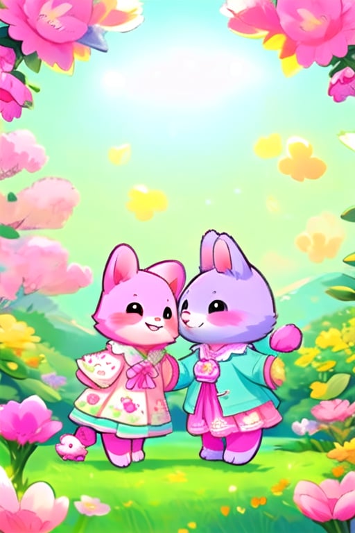 A vibrant digital painting of cute animals dressed in kawaii clothes, standing playfully against a vast scenic background. The scene is filled with pastel colors, featuring iconic elements of Japanese pop culture. The animals are detailed with adorable character designs, set in a whimsical composition under soft, radiant lighting.