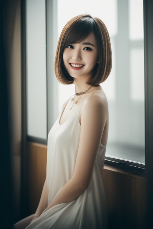 (In 16K,highest quality,masterpiece,),(hyper Realistic,RAW Photos,Super Fine Clear,super Realistic and dramatic Lighting,wide shot,),Detailed skin,((beautiful Japanese 25-year-old woman,))japanese,office lady,glamor,tall,unkempt bobcut,natural makeup,night,in city,close to viewer,ultra detailed beautiful face and black eyes,necklace,hjghheels,laugh,sexy,posing like a fashion model,vivid colors,