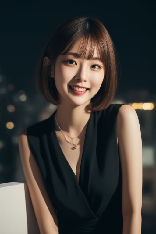 (In 16K,highest quality,masterpiece,),(hyper photo Realistic,RAW Photos,Super Fine Clear,Realistic Lighting,wide shot,),(illuminated,dynamic Lighting),Detailed skin,((beautiful Japanese 25-year-old woman,))japanese,office lady,glamor,tall,unkempt bobcut,natural makeup,night,in city,close to viewer,ultra detailed beautiful face and black eyes,necklace,hjghheels,laugh,sexy,posing like a fashion model,