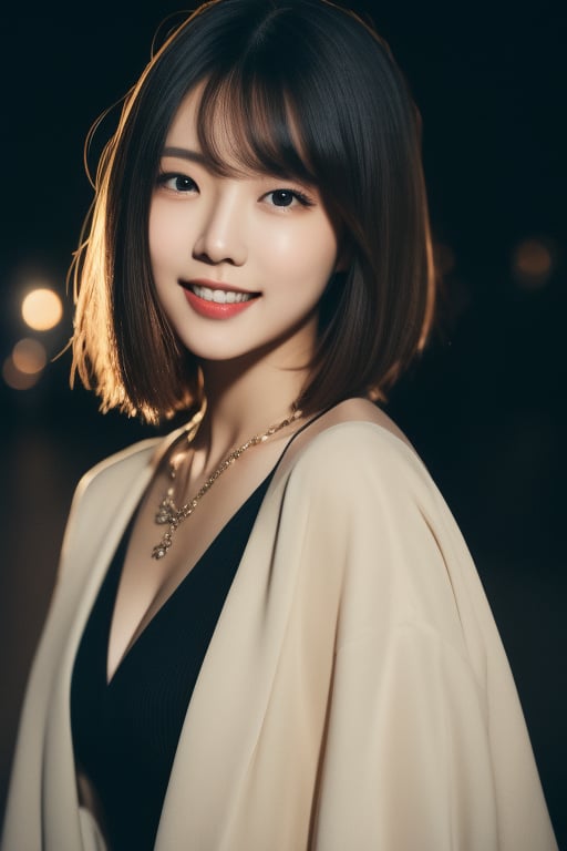 (In 16K,highest quality,masterpiece,),(hyper photo Realistic,RAW Photos,Super Fine Clear,Realistic Lighting,wide shot,),(illuminated,dynamic Lighting),Detailed skin,((beautiful Japanese 25-year-old woman,))japanese,office lady,glamor,tall,unkempt bobcut,natural makeup,night,in city,close to viewer,ultra detailed beautiful face and black eyes,necklace,hjghheels,laugh,sexy,posing like a fashion model,