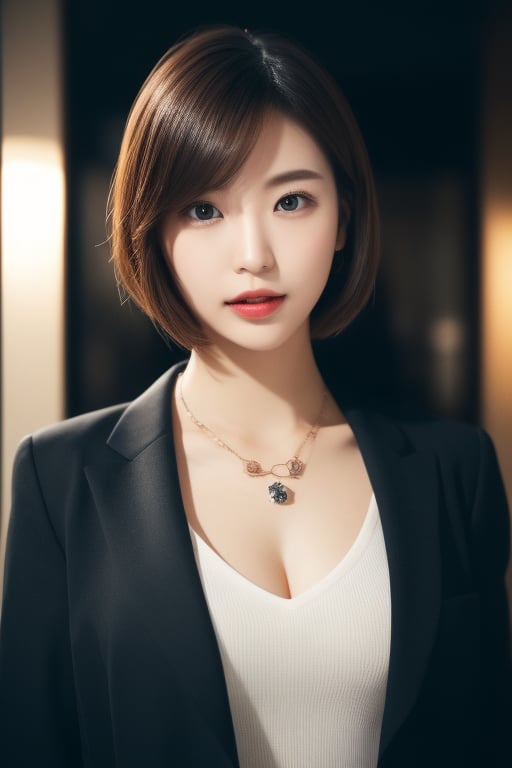 (In 16K,highest quality,masterpiece,),(hyper Realistic,RAW Photos,Super Fine Clear,hyper Realistic and dramatic Lighting,wide shot,),Detailed skin,((beautiful Japanese 25-year-old woman,))japanese,office lady,glamor,tall,unkempt bobcut,natural makeup,night,in city,close to viewer,ultra detailed beautiful face and black eyes,neckless,hjghheels,laugh,sexy,posing like a fashion model,