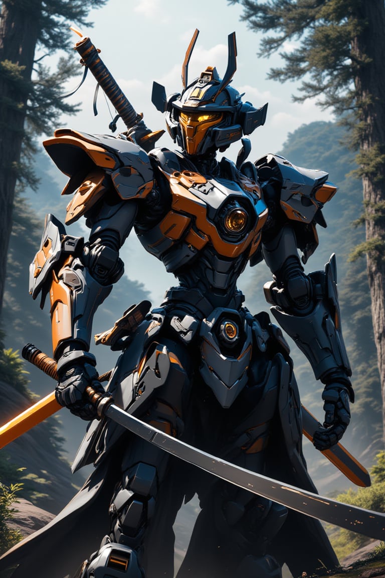 Design an anime-style digital art masterpiece featuring a badass ninja mecha robot, fully armored with a helmet and epic textures (samurai armor), including robot's boots. The mecha is holding a katana, set against a forest background, and looking directly at the viewer. The image is rendered in 8k with a professional style, showcasing a pretty detailed and futuristic character, creating a stunning and epic visual experience.