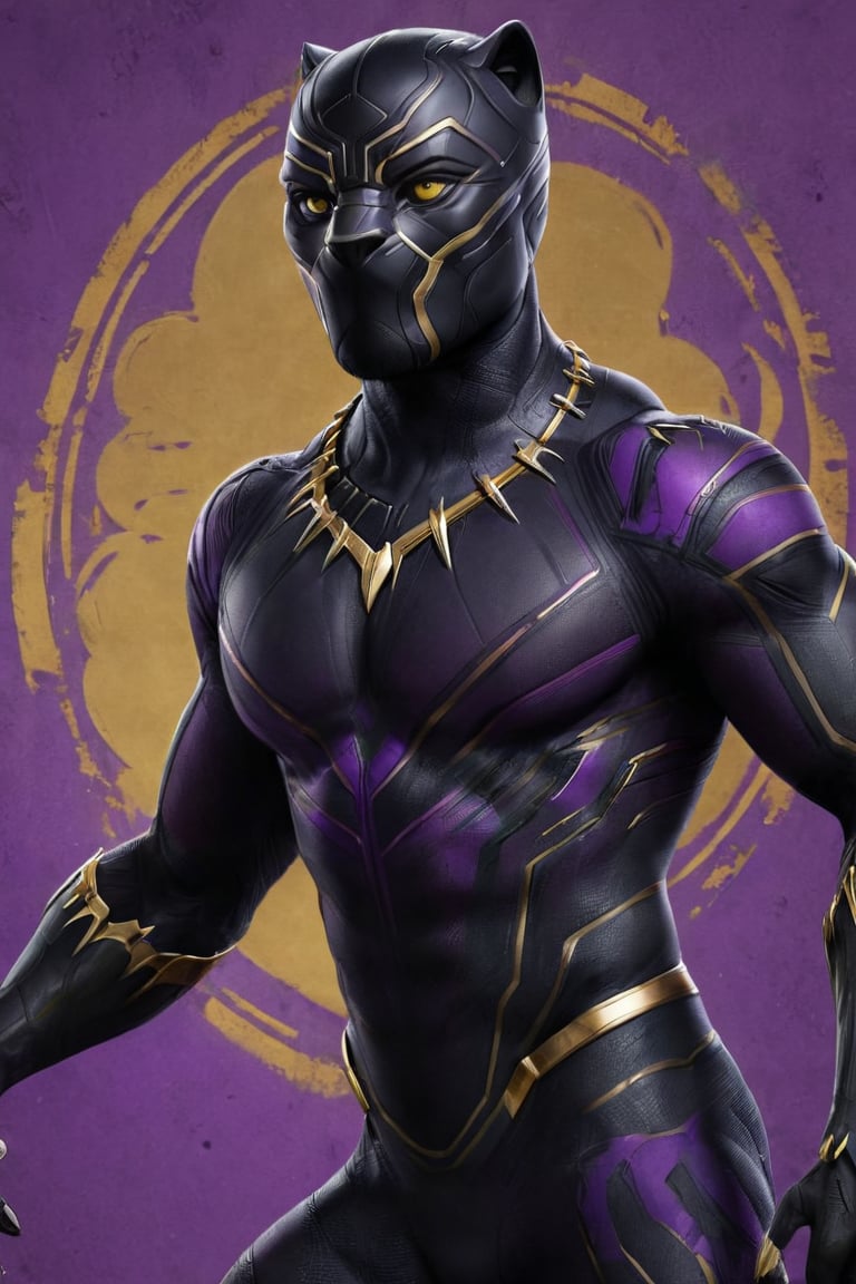 Black panther,with gold and purple,with back ground of wakanda