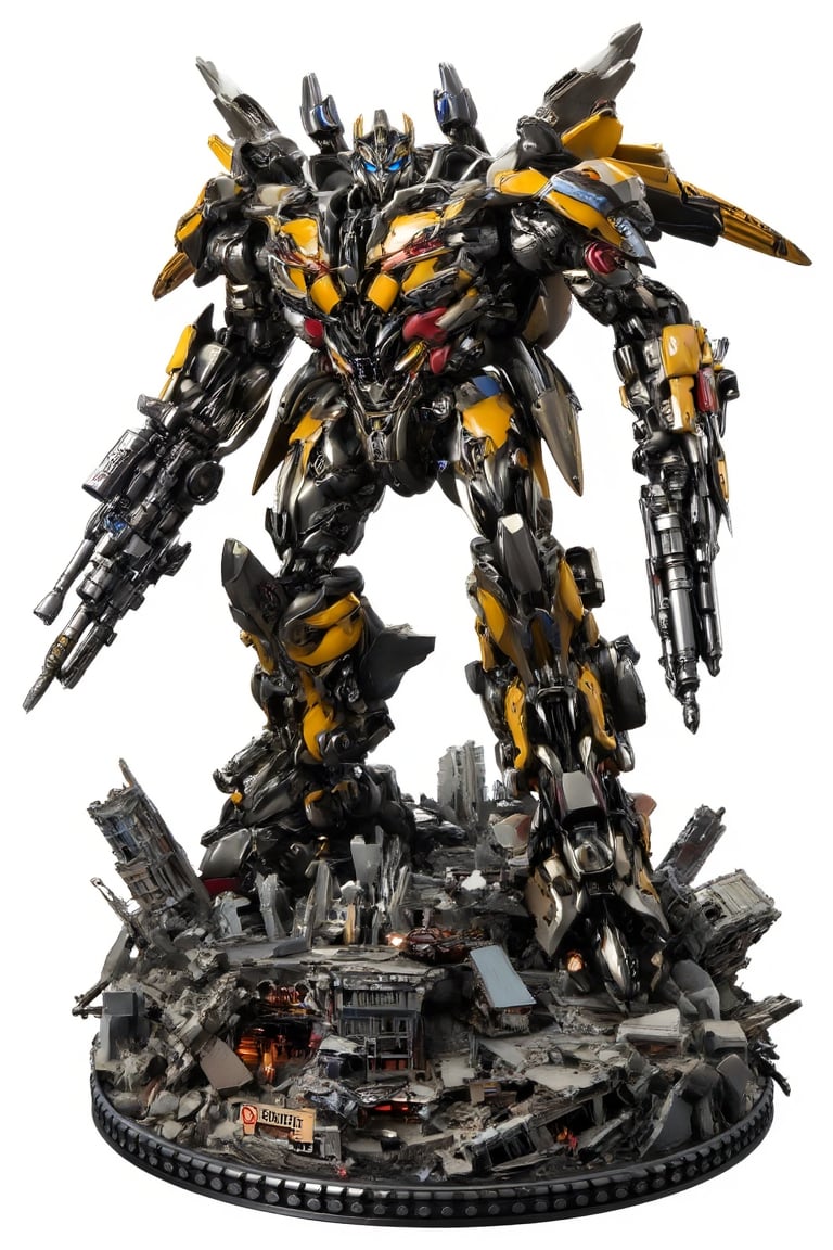 Bumblebee stands firm on a circular base of shattered cityscape remnants, his powerful stance radiating tension. His arms flexed, one hand grasping the iconic blaster while the other holds a blaster, feet planted apart and ready to strike. Glistening mechanical joints betray his coiled strength. Bright blue eyes blaze with determination as he surveys the war-torn landscape. The round base beneath him is a maze of collapsed buildings, ruined streets, and twisted metal, an apocalyptic backdrop for this mighty warrior's unwavering resolve.