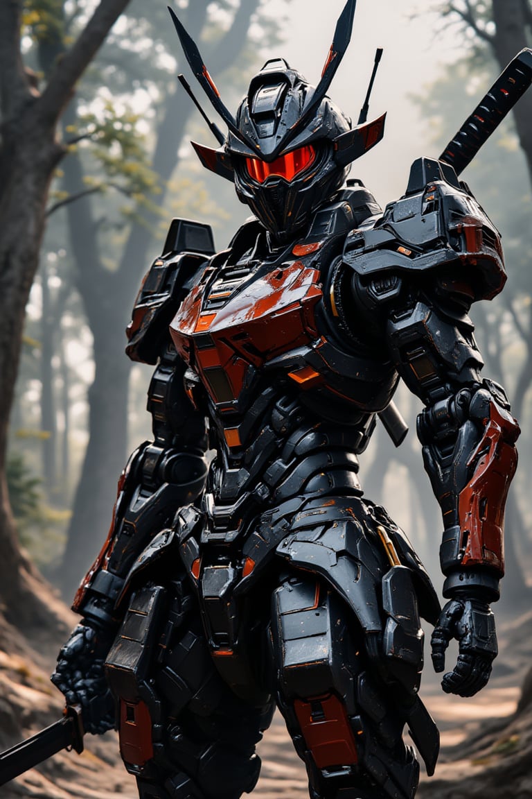 Design an anime-style digital art masterpiece featuring a badass ninja mecha robot, fully armored with a helmet and epic textures (samurai armor), including robot's boots. The mecha is holding a katana, set against a forest background, and looking directly at the viewer. The image is rendered in 8k with a professional style, showcasing a pretty detailed and futuristic character, creating a stunning and epic visual experience.