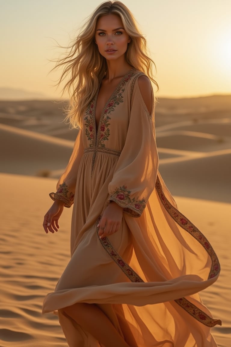 Full body shot of a woman with striking facial features, high cheekbones, and a defined jawline. Warm brown eyes, expressive and deep. Long, wavy blonde hair, cascading over shoulders with natural shine, dramatically waving in the wind. Barefoot, standing with her back to the camera, waving arms in the wind. Stands in the vast desert of Dubai, surrounded by golden sand dunes stretching into the distance. Wearing traditional Middle Eastern outfit, elegant abaya or flowing kaftan, richly embroidered with intricate patterns in deep, vibrant colors, dramatically waving in the wind, falling from one shoulder showing some skin. Fabric catches strong desert wind, creating intense movement as it billows around her. Soft lighting, either during golden hour or just before sunset, casting warm, golden glow on the scene. Serene desert contrasts with ornate details of attire, highlighting beauty of tradition against timeless landscape.