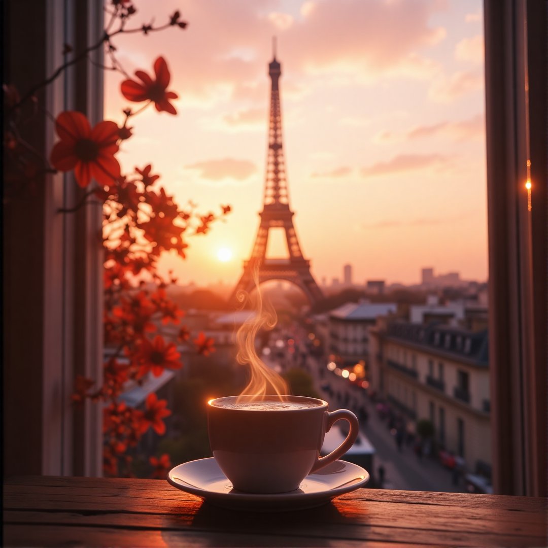 "Create a dreamy, soft-focus shot of the Eiffel Tower at sunrise, with warm golden and pink tones in the sky. Overlay a semi-transparent, vintage-style coffee cup in the foreground, slightly to the side, as if viewed through a window. The coffee cup has light steam rising, adding a cozy, intimate feel to the scene. Add subtle bokeh effects around the Eiffel Tower to enhance the dreamy atmosphere. The style should feel romantic and warm, capturing the essence of a quiet morning in Paris."